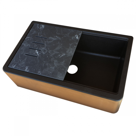 Chiuveta bucatarie granit reversibila CookingAid Lux LX8410 Farm House Apron Neagra / Black Metal Quartz + accesorii montaj [8]