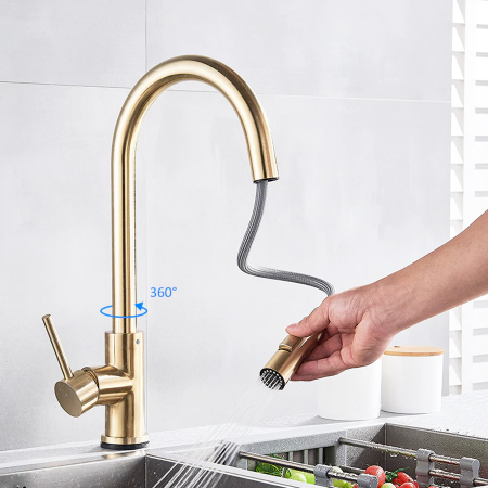 Baterie CookingAid GOLDEN TAP auriu cu furtun dus retractabil / extractibil + buton interschimbabil jet/dus si finisaj mat [6]