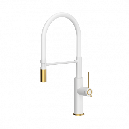 Baterii inox bucatarie - Baterie de bucătărie Gemma QLINE Quadron cu dus extensibil finisaj alb polar/cupru sau gold pvd