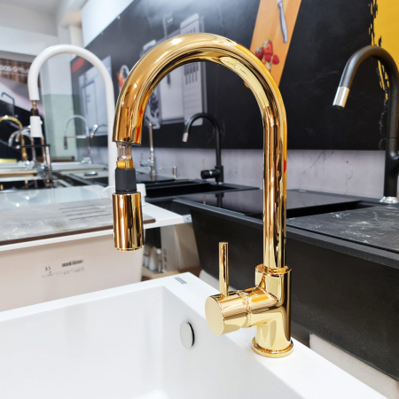 Baterii inox bucatarie - Baterie Indiana Gold cu furtun dus retractabil / extractibil si finisaj Golden Auriu-CookingAid
