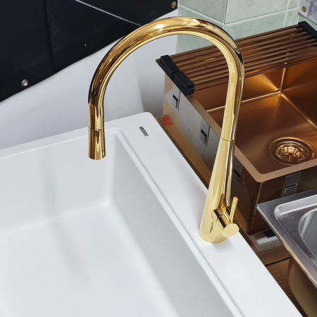 Baterii inox bucatarie - Baterie NEWMIX 90 cu finisaj GOLDEN AURIU si furtun dus retractabil/extractibil si buton jet/dus Cookingaid