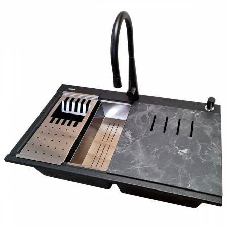Set complet Chiuveta bucatarie granit dubla cu 2 cuve CookingAid Kinga LX8620 Neagra / Black Metal quartz + Baterie CookingAid Newmix 90 + Tocator HPL Ardesia +Tavita scurgere inox + Dozator detergent + accesorii montaj [7]