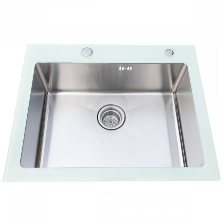 Chiuveta bucatarie inox CookingAid TEMPERED GLASS WHITE cu 2 x tocatoare personalizate sticla temperizata, scurgator vase/paste/fructe, dozator detergent + accesorii montaj [5]