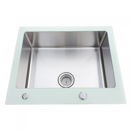Chiuveta bucatarie inox CookingAid TEMPERED GLASS WHITE cu 2 x tocatoare personalizate sticla temperizata, scurgator vase/paste/fructe, dozator detergent + accesorii montaj [8]