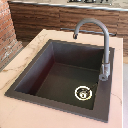 Chiuvete si baterii bucatarie - Chiuveta bucatarie granit CookingAid Cube ON5610 Gri Beton inchis / Ciment / Concrete quartz + accesorii montaj