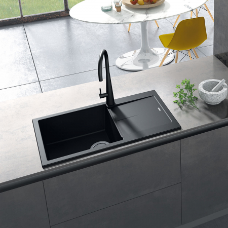 Chiuveta bucatarie granit CookingAid Infinity NF8610 Neagra / Black Metal quartz reversibila stanga/dreapta cu picurator + accesorii montaj [3]