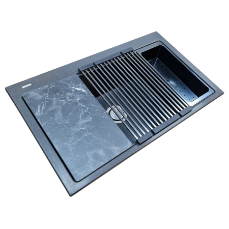 Chiuveta bucatarie granit CookingAid Kinga Workstation LX8610 Neagra / Black Metal quartz + accesorii montaj [8]