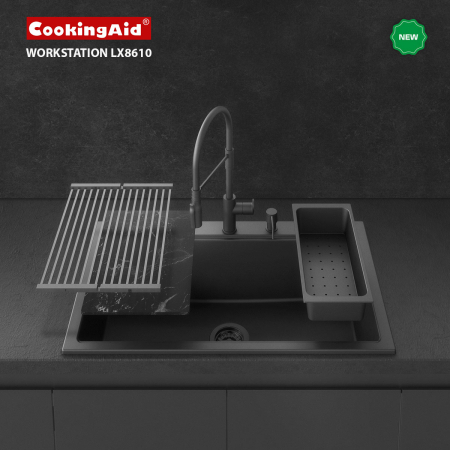 Chiuvete granit bucatarie - Chiuveta bucatarie granit CookingAid Kinga Workstation LX8610 Neagra / Black Metal quartz + accesorii montaj