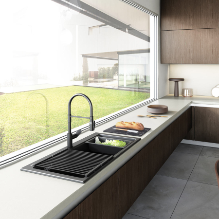 Chiuveta bucatarie granit CookingAid Kinga Workstation LX8610 Neagra / Black Metal quartz + accesorii montaj [1]