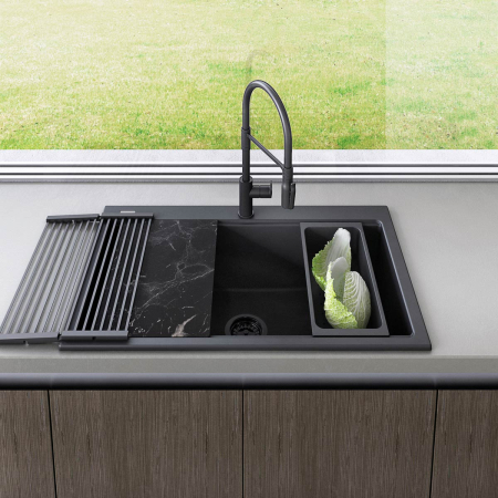 Chiuveta bucatarie granit CookingAid Kinga Workstation LX8610 Neagra / Black Metal quartz + accesorii montaj [2]