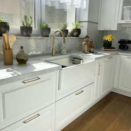 Chiuveta bucatarie granit reversibila CookingAid Lux LX8410 Farmhouse Apron Alba / Polar White + accesorii montaj [14]