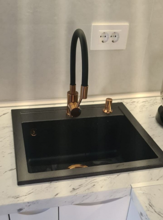 Chiuveta bucatarie granit cu finisaj negru perlat/cupru Steingran Art Copper cu dozator si baterie Quadron [3]