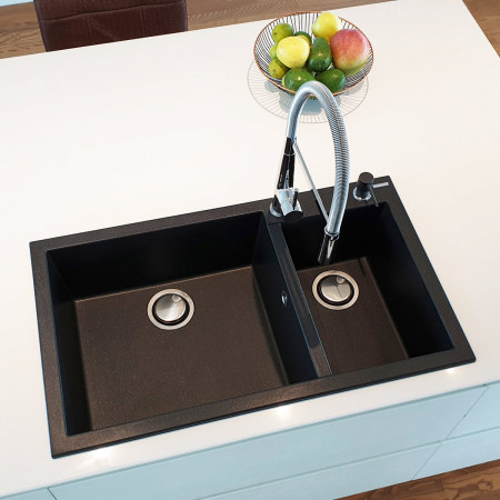 Chiuveta bucatarie granit dubla cu 2 cuve CookingAid Cube ON8620 Neagra / Black Metal quartz + accesorii montaj [1]