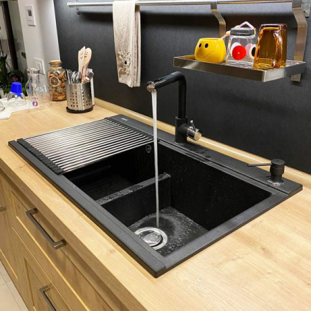 Chiuveta bucatarie granit dubla cu 2 cuve CookingAid Kinga LX8620 Neagra / Black Metal Quartz + accesorii montaj [14]