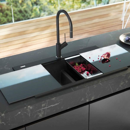 Chiuveta bucatarie granit dubla cu 2 cuve CookingAid Kinga LX8620 Neagra / Black Metal Quartz + accesorii montaj [2]