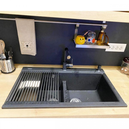 Chiuveta bucatarie granit dubla cu 2 cuve CookingAid Kinga LX8620 Neagra / Black Metal Quartz + accesorii montaj [8]