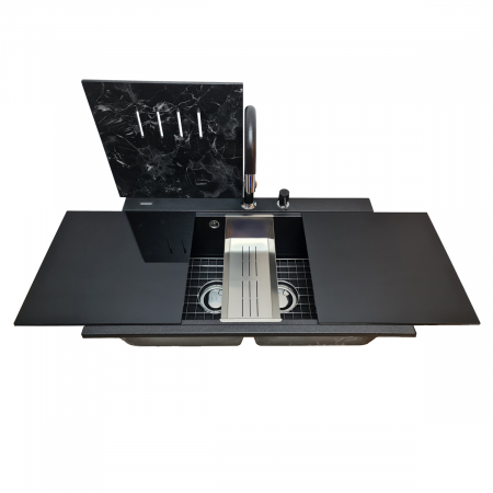 Chiuveta bucatarie granit dubla cu 2 cuve CookingAid Kinga LX8620 Neagra / Black Metal quartz+baterie si 7 accesorii [8]