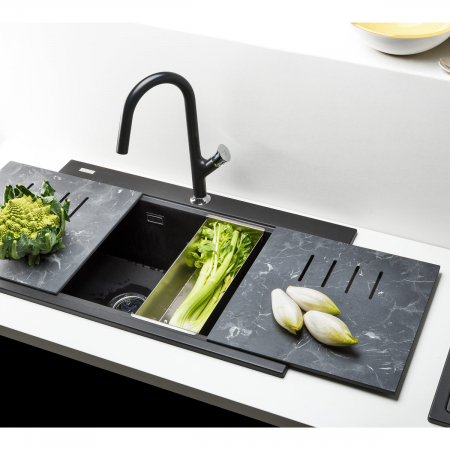 Chiuvete si baterii bucatarie - Chiuveta bucatarie granit dubla cu 2 cuve CookingAid Kinga LX8620 Neagra / Black Metal quartz+baterie si 7 accesorii