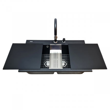 Chiuveta bucatarie granit dubla cu 2 cuve CookingAid Kinga LX8620 Neagra / Black Metal quartz+baterie si 7 accesorii [6]