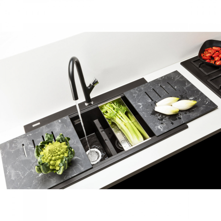Chiuveta bucatarie granit dubla cu 2 cuve CookingAid Kinga LX8620 Neagra / Black Metal quartz+baterie si 7 accesorii [3]