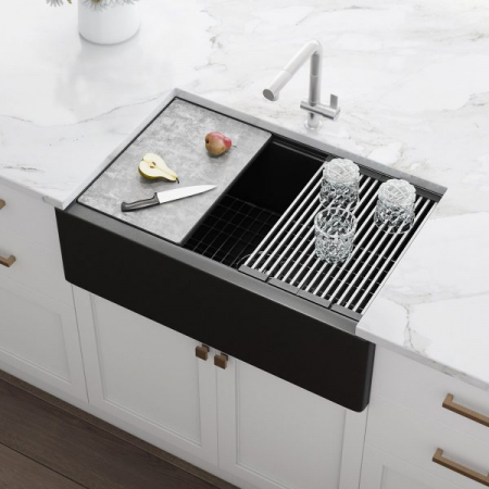 Chiuveta bucatarie granit reversibila CookingAid Lux LX8410 Farm House Apron Neagra / Black Metal Quartz + accesorii montaj [19]