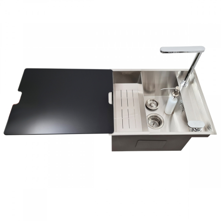 Chiuveta bucatarie inox CookingAid INVISIBLE DEEP cu baterie telescopica integrata, scurgator vase/paste/fructe, tocator sticla temperizata, dozator detergent + accesorii montaj [10]