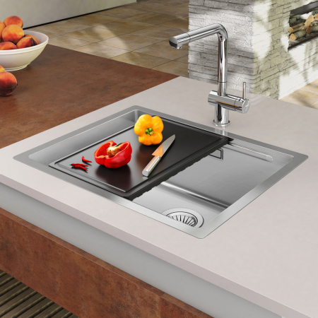 Chiuvete inox bucatarie - Chiuveta bucatarie inox CookingAid LUX STEP 50 + Bonus: tocator Versus din ABS reversibil in scurgator vase + accesorii montaj