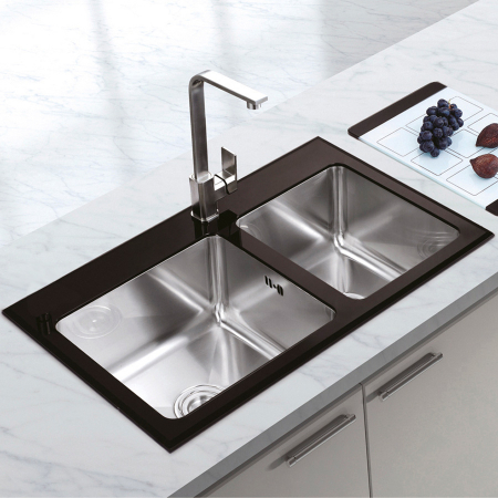 Chiuvete inox bucatarie - Chiuveta bucatarie inox CookingAid TEMPERED GLASS DUO cu tocator personalizat sticla temperizata, scurgator vase/paste/fructe, gratar rulabil inox + accesorii