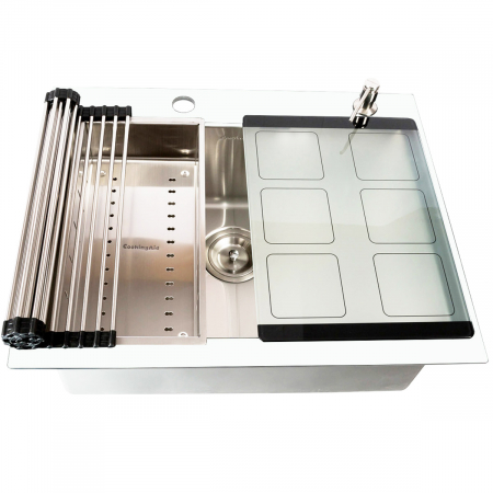 Seturi bucatarie - Chiuveta bucatarie inox CookingAid TEMPERED GLASS WHITE cu 2 x tocatoare personalizate sticla temperizata, scurgator vase/paste/fructe, dozator detergent + accesorii montaj