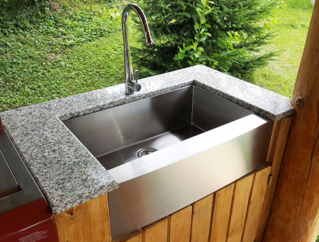 Chiuvete inox bucatarie - Chiuveta bucatarie inox cu front vizibil CookingAid FARM HOUSE Apron cu scurgator vase/paste/fructe, gratar rulabil inox, dozator sapun + accesorii montaj Farmhouse