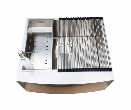 Chiuveta bucatarie inox cu front vizibil CookingAid FARM HOUSE APRON STANDARD cu scurgator vase/paste/fructe, gratar rulabil inox, dozator sapun + accesorii montaj Farmhouse [9]