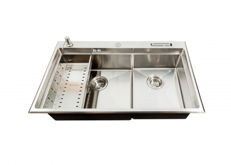 Chiuveta bucatarie inox dubla CookingAid AFRODITA XL cu dozator detergent, scurgator vase/paste/fructe, gratar rulabil inox, suport cutite, tocator lemn Sapele + accesorii montaj [2]