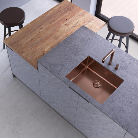 Chiuvete si baterii bucatarie - Chiuveta bucatarie inox TASCA CANOVA CA50 COPPER cu strat PVD ceramic culoare cupru cu montaj pe blat, sub blat sau la nivelul blatului si accesorii montaj