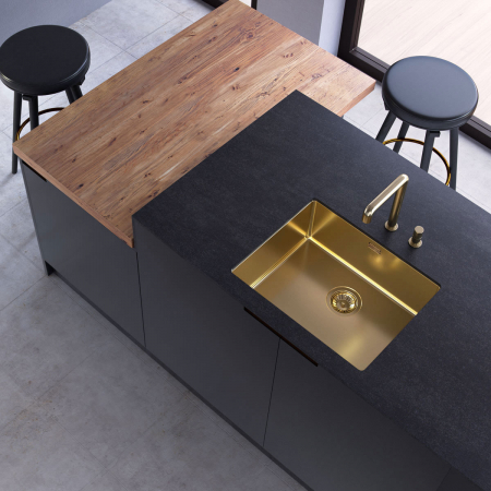 Chiuvete si baterii bucatarie - Chiuveta bucatarie inox TASCA CANOVA CA50 Gold cu strat PVD ceramic culoare aurie cu montaj pe blat, sub blat sau la nivelul blatului si accesorii montaj