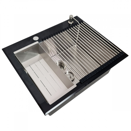 Chiuveta bucatarie inox CookingAid TEMPERED GLASS cu tocator personalizat sticla temperizata, scurgator vase/paste/fructe, gratar rulabil inox, dozator detergent + accesorii montaj [2]