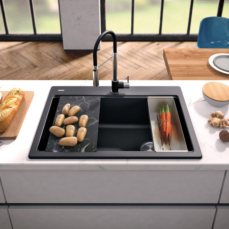 Chiuvete si baterii bucatarie - Chiuvetă bucătărie granit CookingAid Cube ON3322 negru metalic