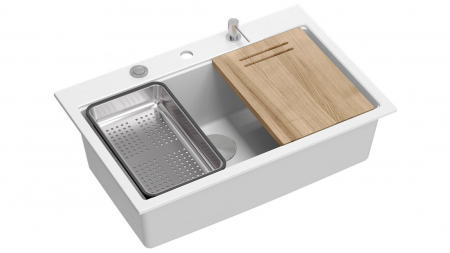 Chiuveta Granit Workstations MARK Quadron cu dozator+scurgator+gratar rulabil+tocator lemn+capac scurgere [1]