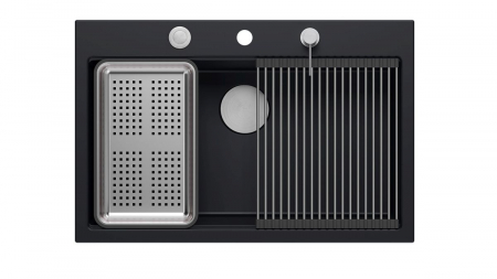 Chiuveta Granit Workstations MARK Quadron cu dozator+scurgator+gratar rulabil+tocator lemn+capac scurgere [3]