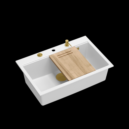Chiuvete si baterii bucatarie - Chiuveta Granit Workstations MARK Quadron cu dozator+tocator+capac scurgere si elemente aurii/gold