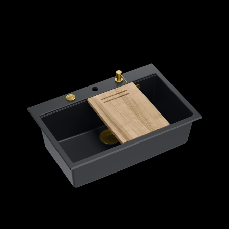 Seturi bucatarie - Chiuveta Granit Workstations MARK Quadron cu dozator+tocator+capac scurgere si elemente aurii/gold