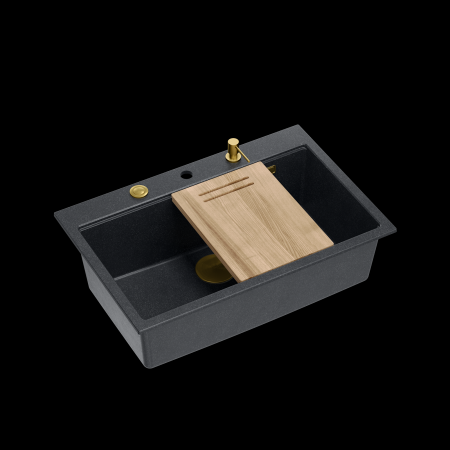 Chiuvete granit bucatarie - Chiuveta Granit Workstations MARK Quadron cu dozator+tocator+capac scurgere si elemente aurii/gold