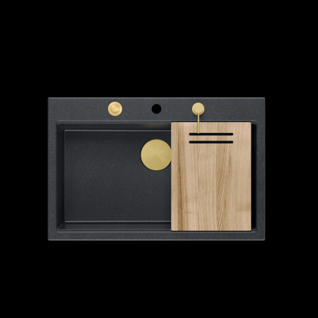 Chiuveta Granit Workstations MARK Quadron cu dozator+tocator+capac scurgere si elemente aurii/gold [1]