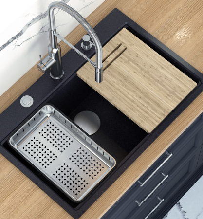 Chiuveta Granit Workstations MARK Quadron cu dozator+scurgator+gratar rulabil+tocator lemn+capac scurgere [8]