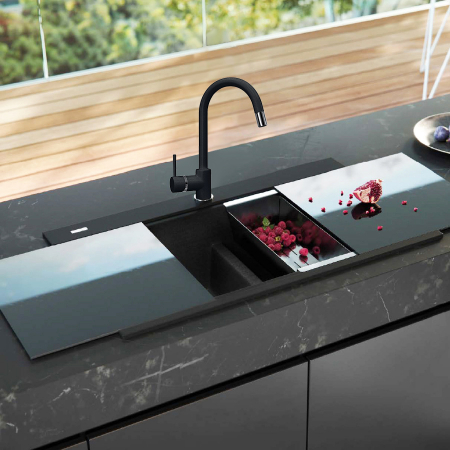 CookingAid Set chiuveta granit Kinga LX8620 Black Metal quartz cu baterie Indiana, tocatoare, tavita, scurgator si dozator [1]