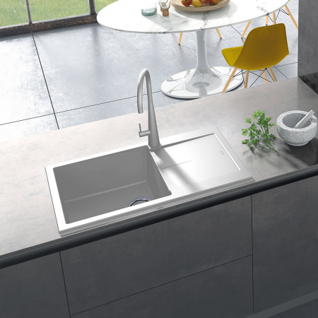 Chiuvete si baterii bucatarie - Chiuveta bucatarie granit CookingAid Infinity NF8610 Alba / Polar White reversibila stanga/dreapta cu picurator + accesorii montaj