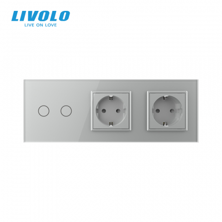 Intrerupator dublu tactil si 2 prize Schuko cu rama din sticla Livolo [2]