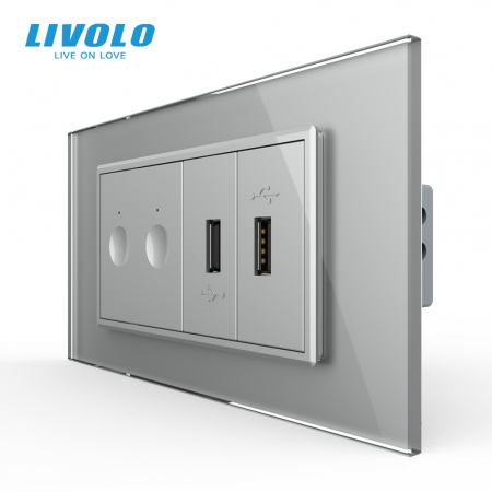 Intrerupatoare Smart Livolo - Intrerupator tactil dublu + priza dubla USB, 4M, cu rama sticla Livolo
