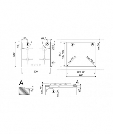 Plită incorporabilă sticla Smeg Linea, gaz,4 arzatoare 60 cm, negru, alb sau argintiu [3]