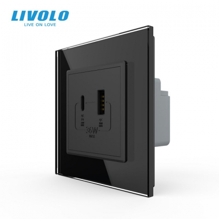 Electrice - Priza dubla USB + USB tip C cu panou din sticla Livolo