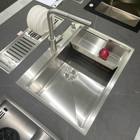 Chiuveta bucatarie inox CookingAid HERA TOP cu dozator detergent, scurgator vase/paste/fructe, gratar rulabil inox, tocator lemn Sapele + accesorii montaj [12]